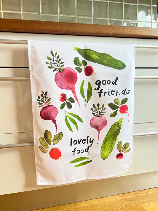 Good friends, lovely food tea towel
